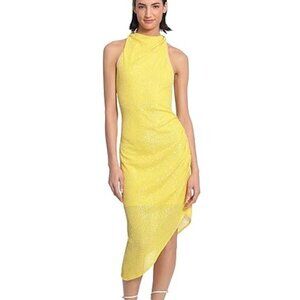 NWT Donna Morgan Asymmetrical Yellow Sequin Mock Neck Dress size 16